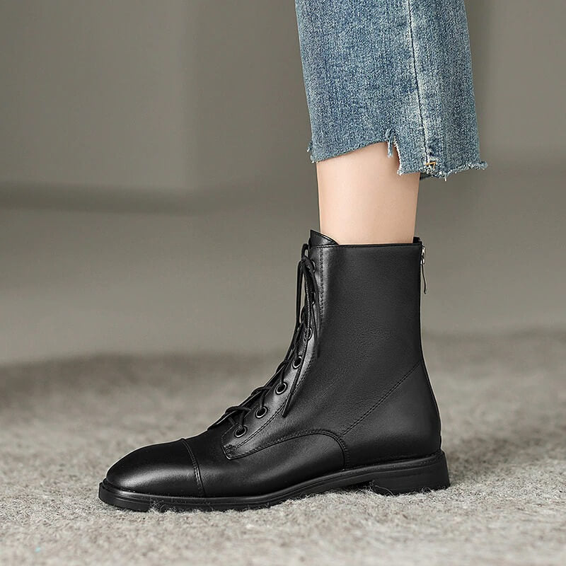 Genuine Leather Ankle Boots with Zip on Back / Casual Thick Heels Lace-Up Shoes for Women - HARD'N'HEAVY