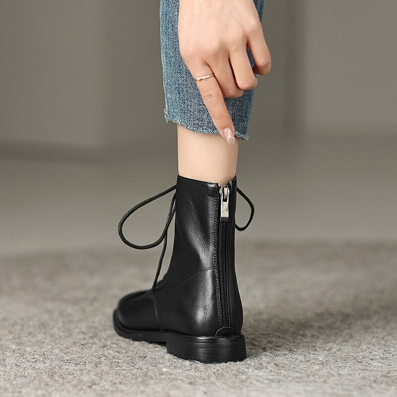 Genuine Leather Ankle Boots with Zip on Back / Casual Thick Heels Lace-Up Shoes for Women