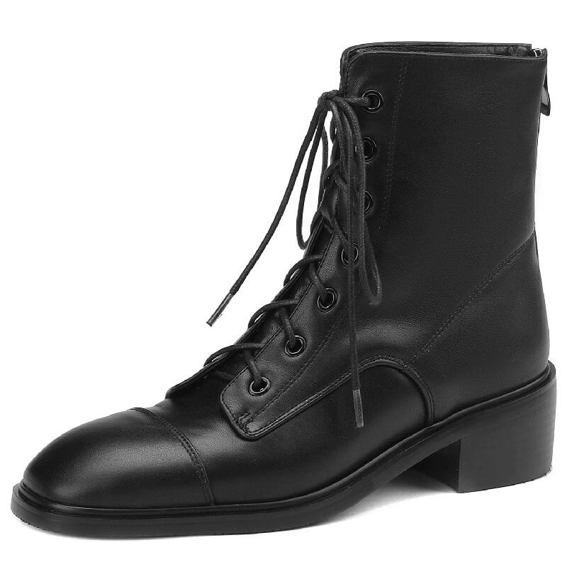 Genuine Leather Ankle Boots with Zip on Back / Casual Thick Heels Lace-Up Shoes for Women