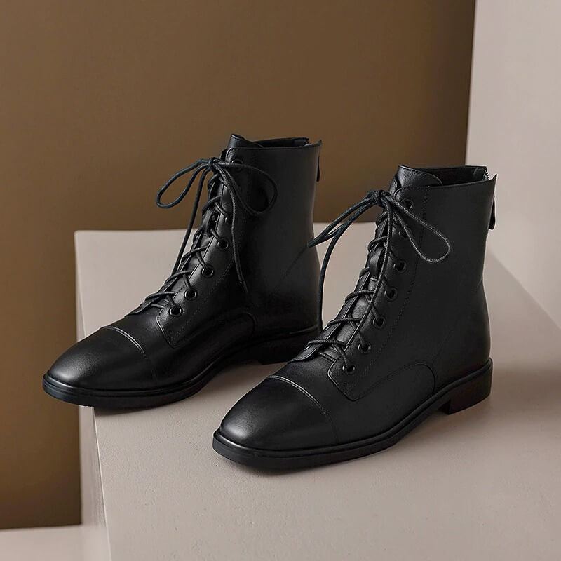 Genuine Leather Ankle Boots with Zip on Back / Casual Thick Heels Lace-Up Shoes for Women