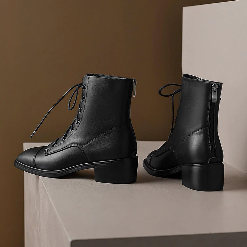 Genuine Leather Ankle Boots with Zip on Back / Casual Thick Heels Lace-Up Shoes for Women