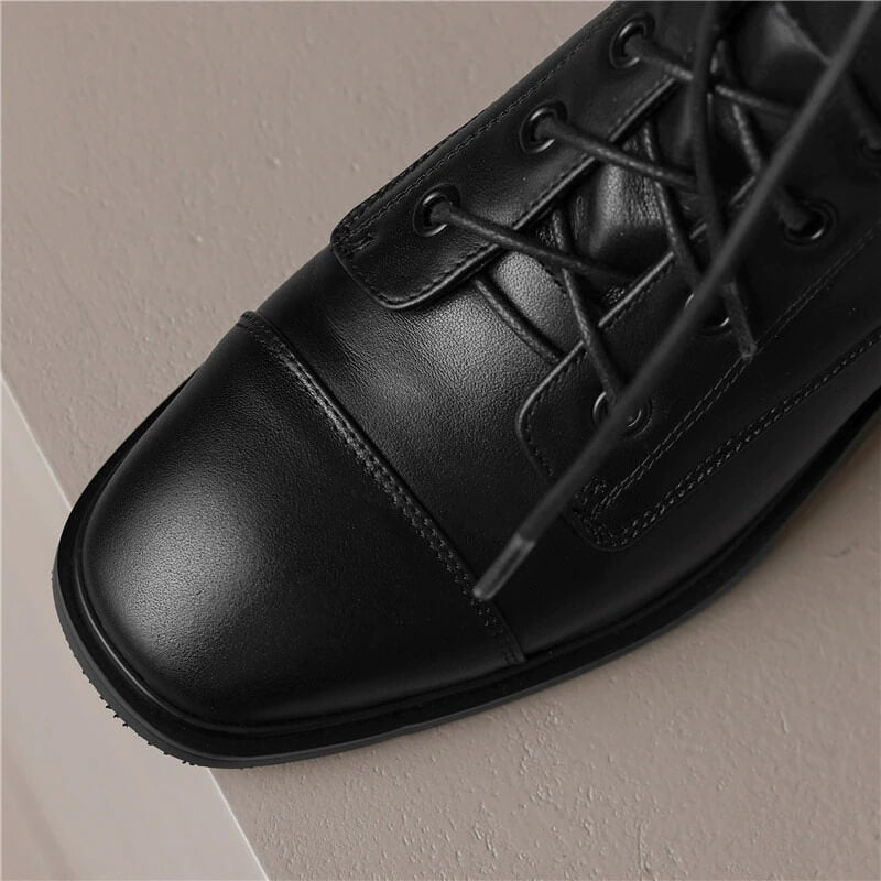 Genuine Leather Ankle Boots with Zip on Back / Casual Thick Heels Lace-Up Shoes for Women