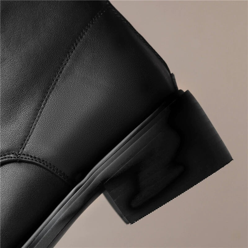 Genuine Leather Ankle Boots with Zip on Back / Casual Thick Heels Lace-Up Shoes for Women