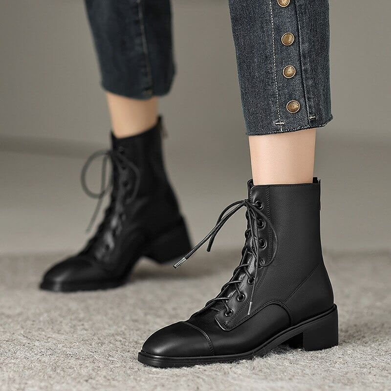 Genuine Leather Ankle Boots with Zip on Back / Casual Thick Heels Lace-Up Shoes for Women