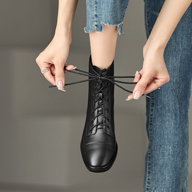 Genuine Leather Ankle Boots with Zip on Back / Casual Thick Heels Lace-Up Shoes for Women