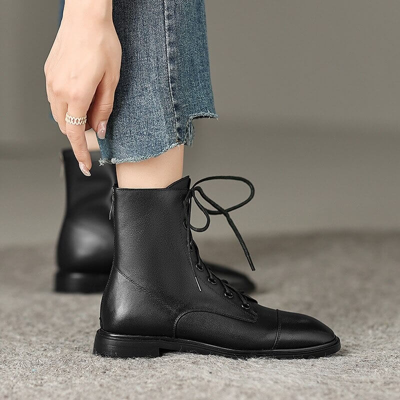 Genuine Leather Ankle Boots with Zip on Back / Casual Thick Heels Lace-Up Shoes for Women