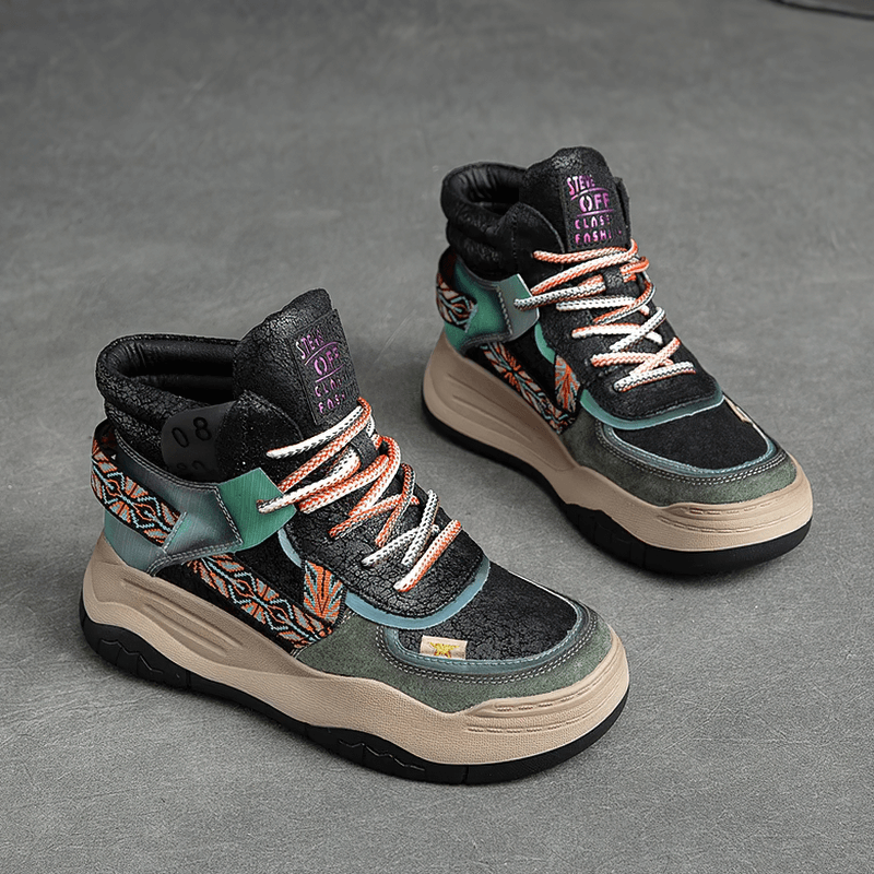 Genuine leather high sole women's patchwork lace-up platforms, stylish alternative sneakers with a unique design.