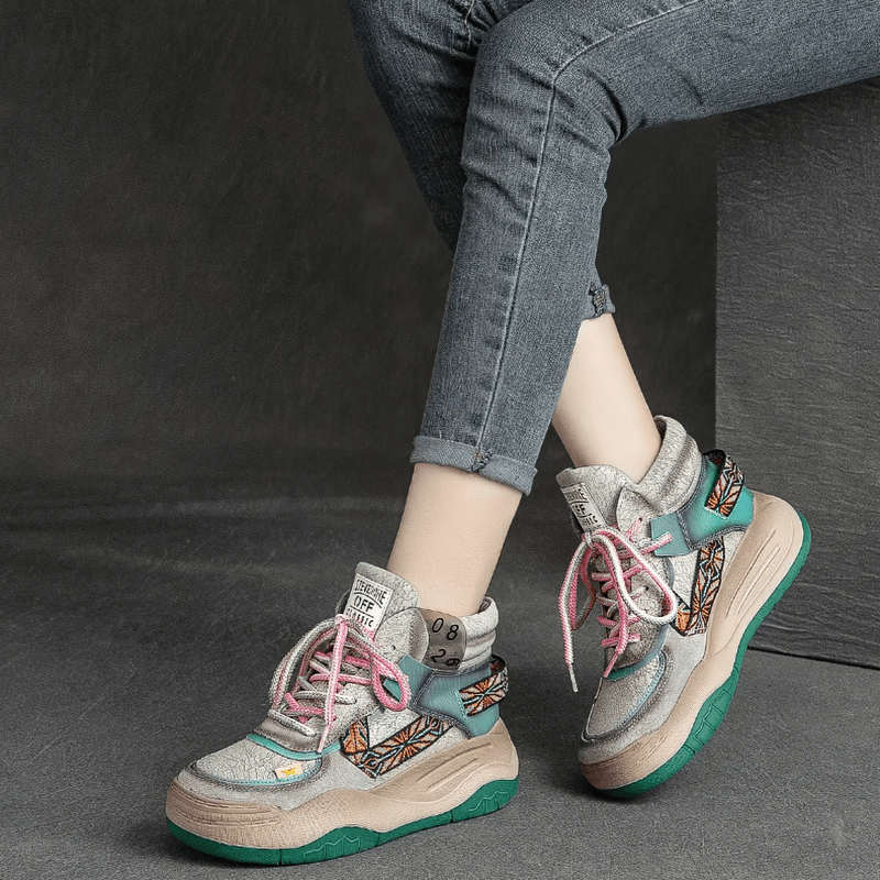 Stylish women's genuine leather patchwork platform boots with colorful design, perfect for trendy outfits.