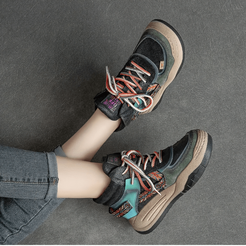 Genuine leather high sole women's patchwork boots, trendy alternative lace-up platforms for stylish outfits.