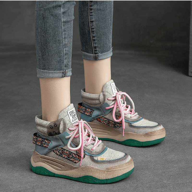 Stylish women's genuine leather platform patchwork boots with trendy lace-up design and colorful accents.