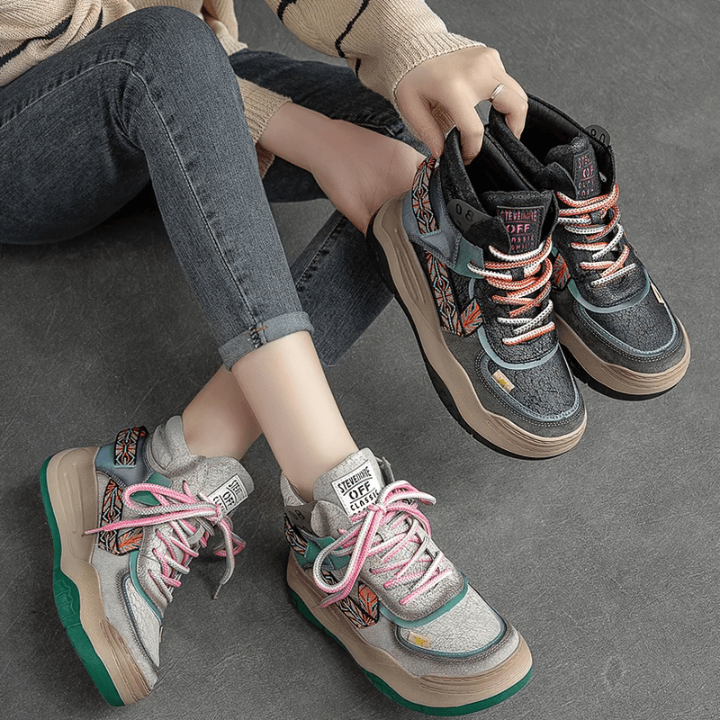 Genuine leather high sole women's patchwork platform boots in stylish urban setting.