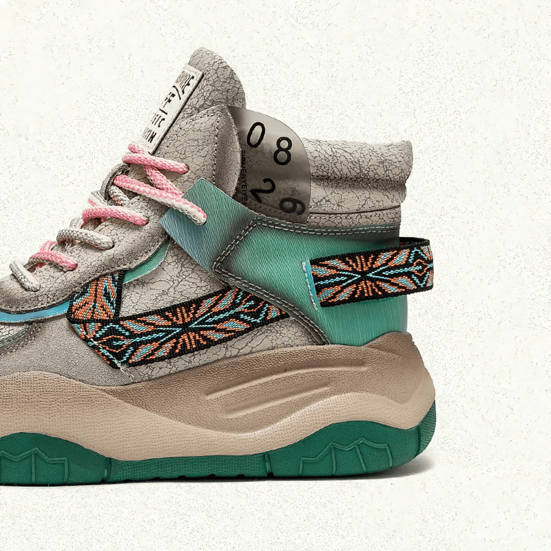 Stylish genuine leather high sole women's boots with cool patchwork design and colorful laces.