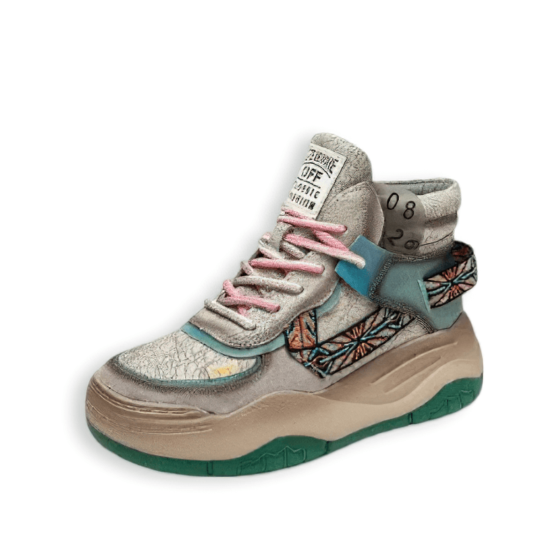 Genuine leather high sole women's boots with patchwork design and pink laces for a trendy look.