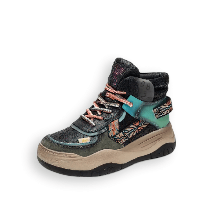 Trendy women's high sole platform boots in genuine leather with colorful patchwork design and lace-up style.