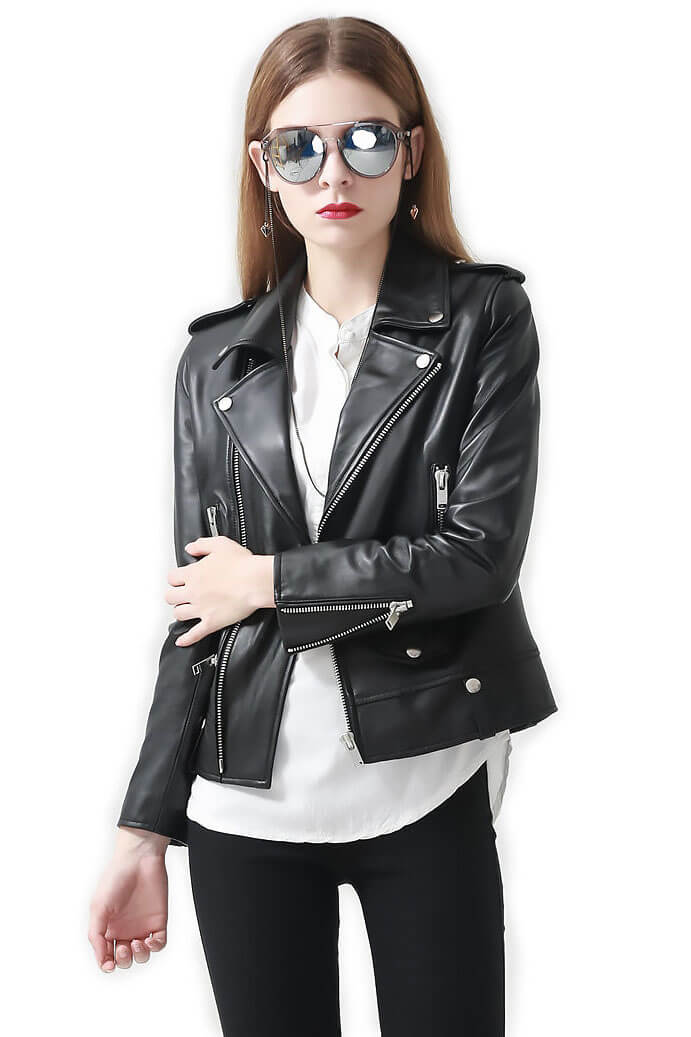 Stylish woman wearing a genuine leather motorcycle jacket, showcasing its classic design and edgy rock style.