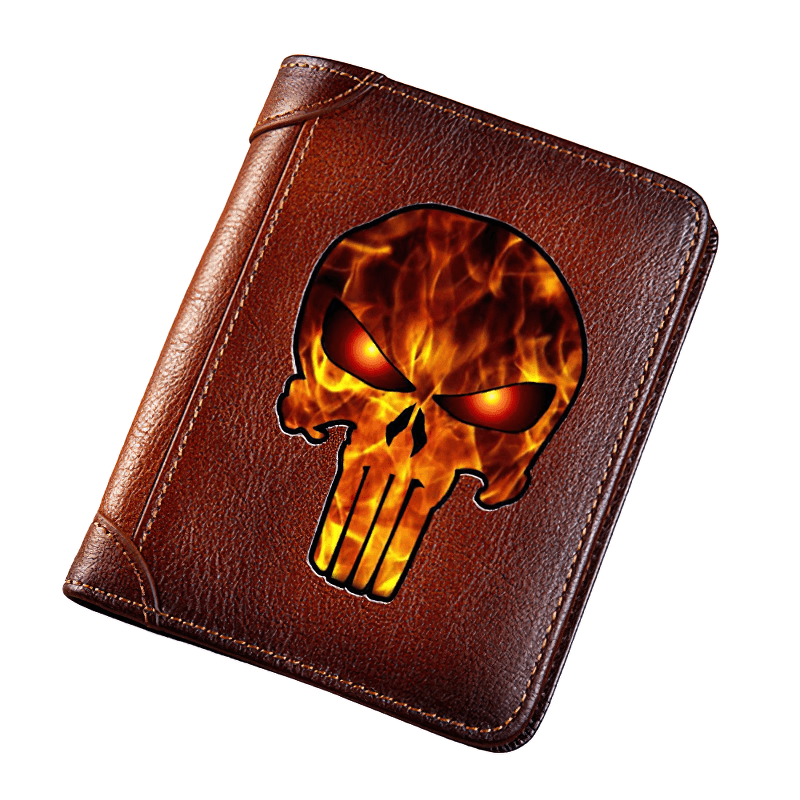 Genuine leather wallet with fiery military skull print, showcasing bold punk style and luxury craftsmanship.