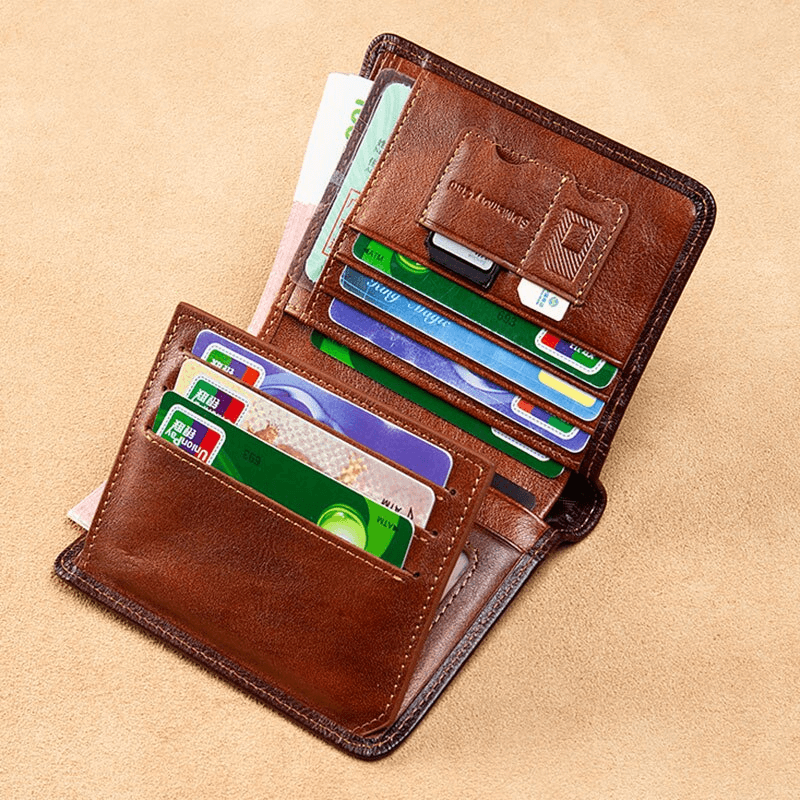Genuine leather men's wallet featuring multiple card slots, showcasing a classic and stylish design.