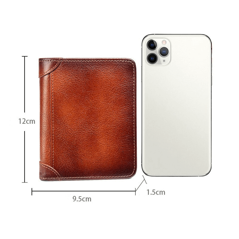 Genuine leather wallet dimensions alongside a smartphone, showcasing luxury and style.