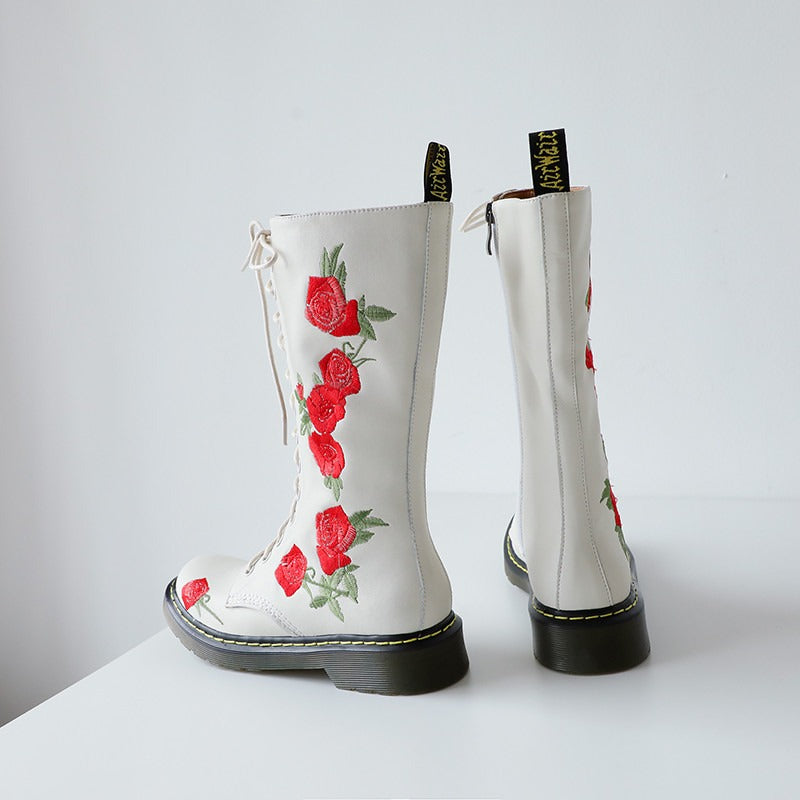 Genuine Leather Womens Boots with Flowers / Round Toe Zip Boots for Autumn and Winter - HARD'N'HEAVY