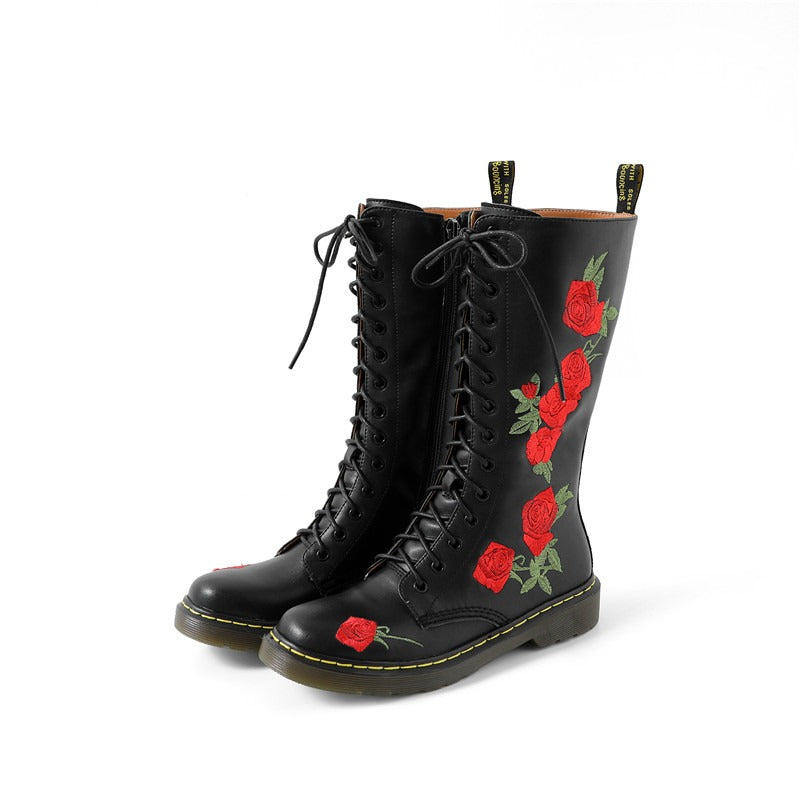 Genuine Leather Womens Boots with Flowers / Round Toe Zip Boots for Autumn and Winter - HARD'N'HEAVY