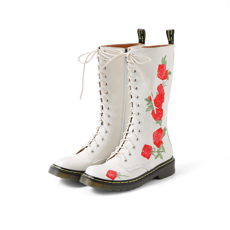 Genuine Leather Womens Boots with Flowers / Round Toe Zip Boots for Autumn and Winter - HARD'N'HEAVY