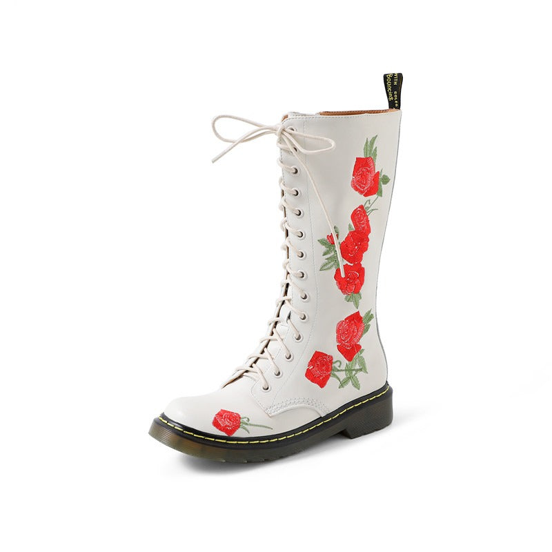 Genuine Leather Womens Boots with Flowers / Round Toe Zip Boots for Autumn and Winter - HARD'N'HEAVY