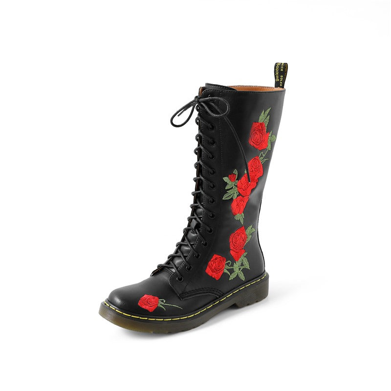 Genuine Leather Womens Boots with Flowers / Round Toe Zip Boots for Autumn and Winter - HARD'N'HEAVY