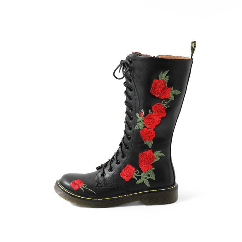 Genuine Leather Womens Boots with Flowers / Round Toe Zip Boots for Autumn and Winter - HARD'N'HEAVY