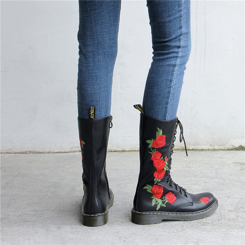 Genuine Leather Womens Boots with Flowers / Round Toe Zip Boots for Autumn and Winter - HARD'N'HEAVY