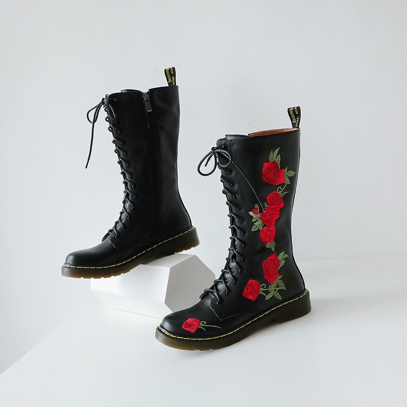 Genuine Leather Womens Boots with Flowers / Round Toe Zip Boots for Autumn and Winter - HARD'N'HEAVY