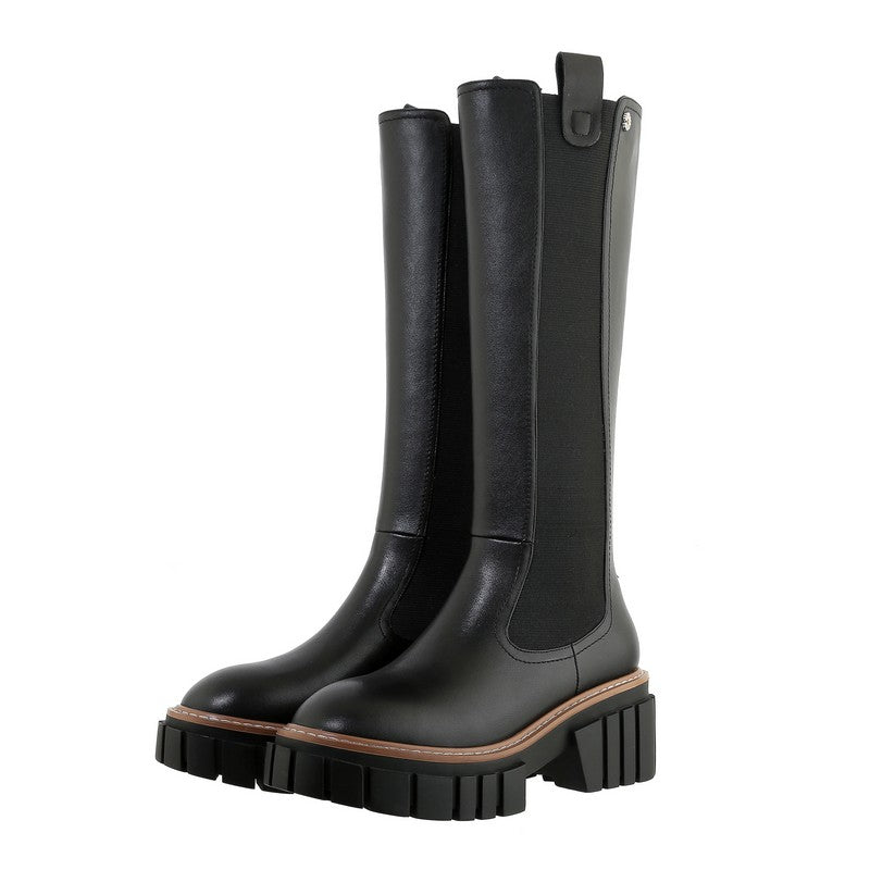 Genuine leather black women's platform boots with round toe and square heel, perfect for autumn and winter fashion.