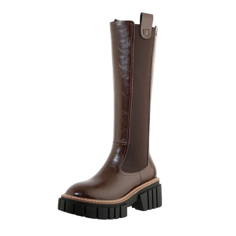 Brown genuine leather women's platform boots with round toe and square heel, perfect for trendy looks this autumn.