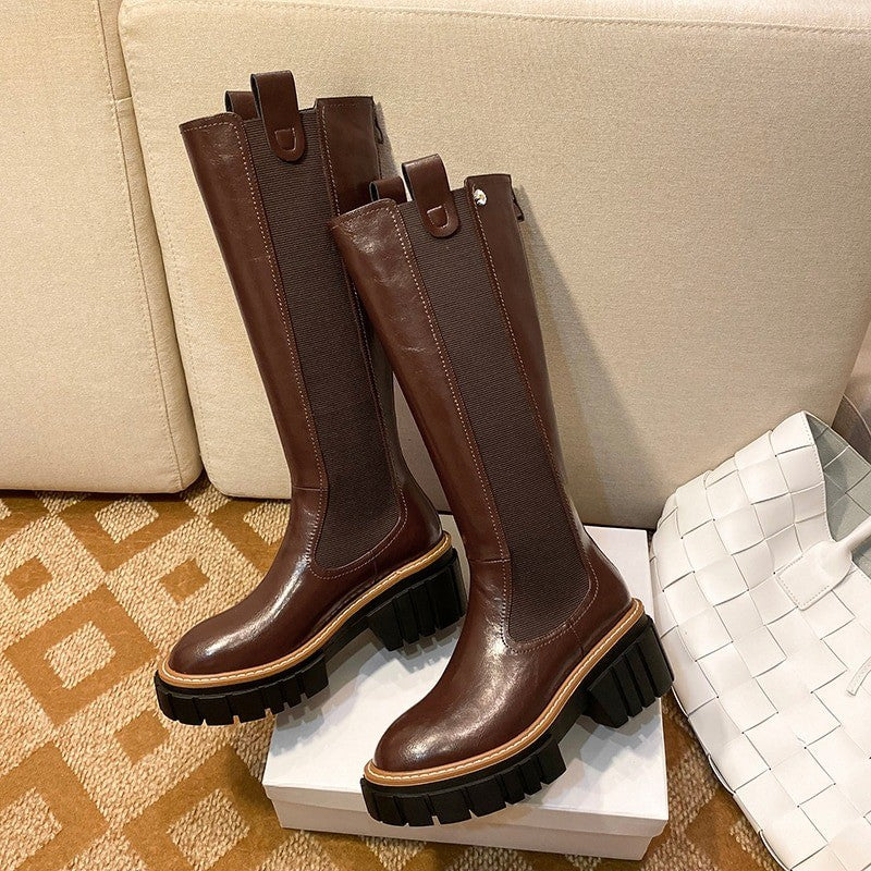 Genuine leather women's brown platform boots with round toe and square heel, perfect for autumn and winter fashion.