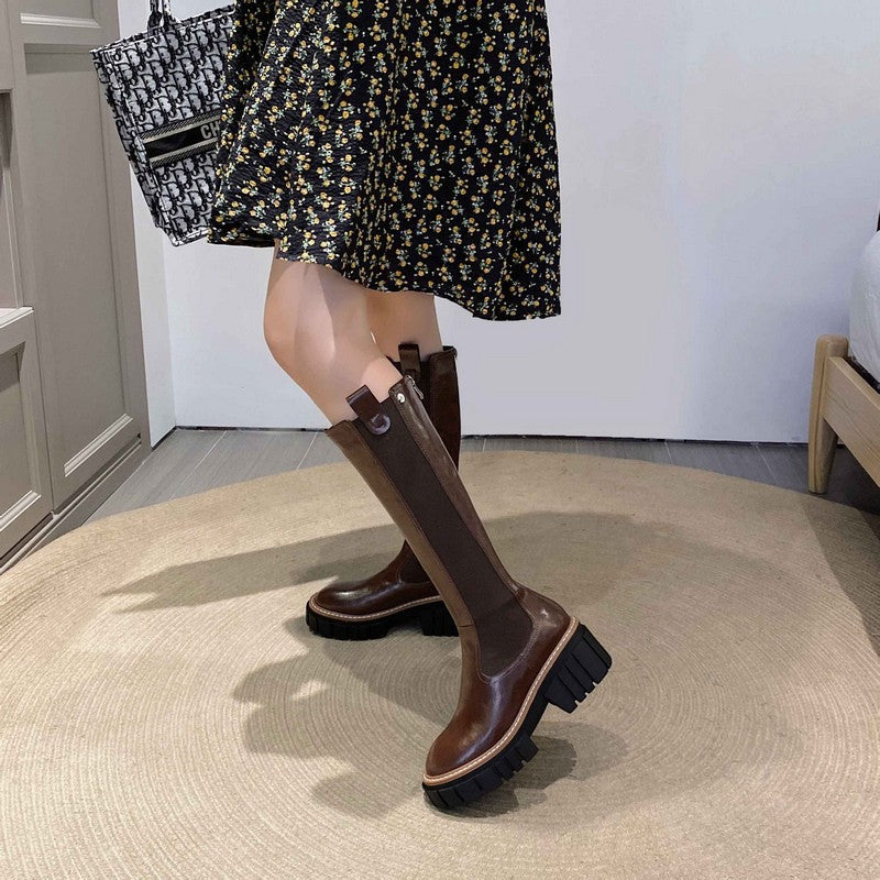 Stylish brown genuine leather platform boots paired with a floral dress, ideal for autumn and winter fashion.