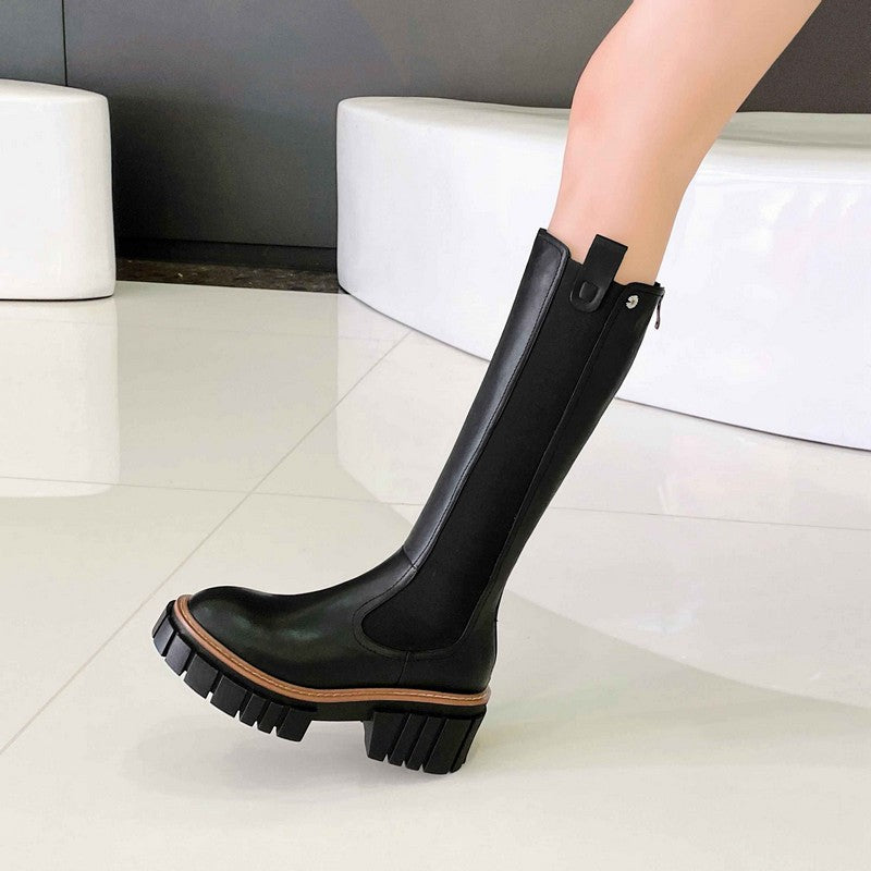 Stylish black genuine leather women's platform boots with a round toe and square heel, perfect for autumn and winter.