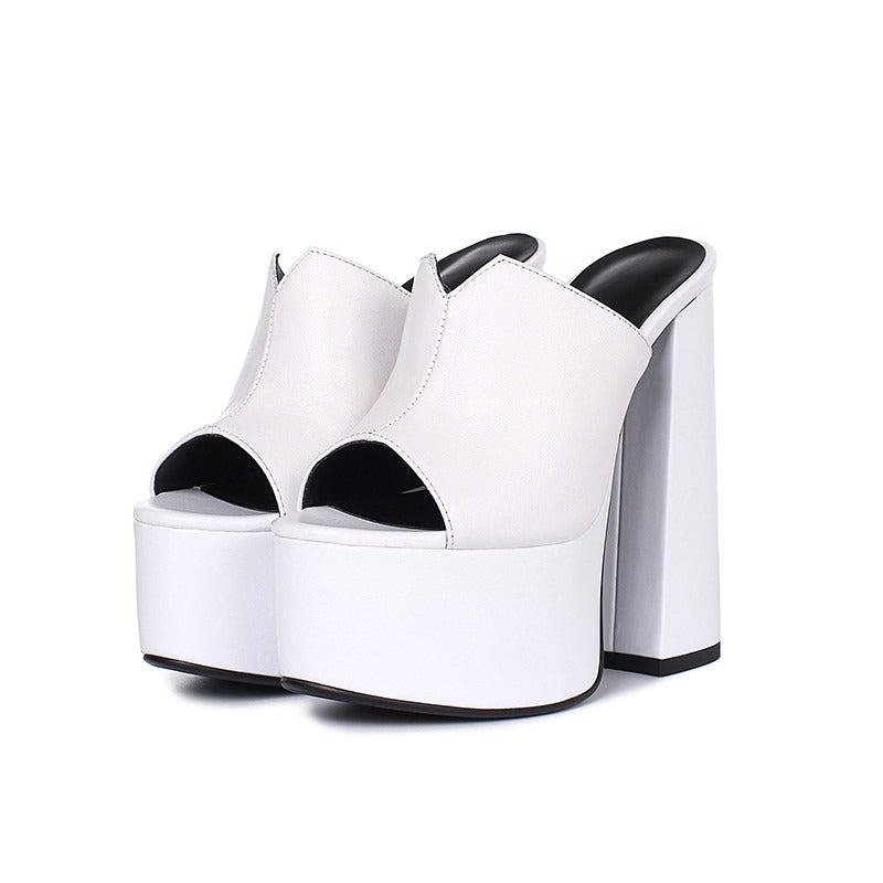Genuine Leather Women's Platform Sandals / Thick High Heel Party Shoes In Black And White Colors - HARD'N'HEAVY