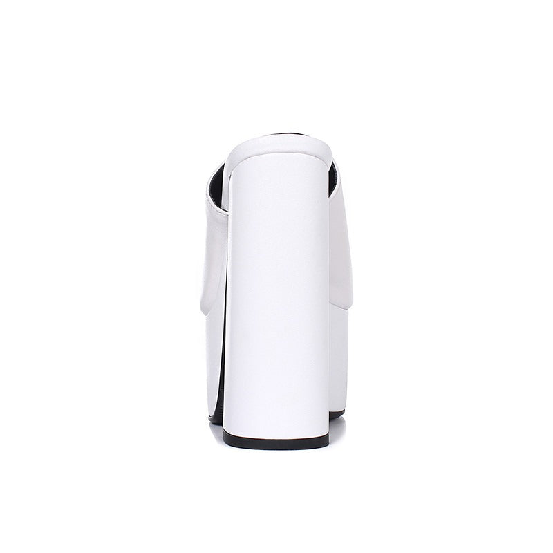 Genuine Leather Women's Platform Sandals / Thick High Heel Party Shoes In Black And White Colors - HARD'N'HEAVY