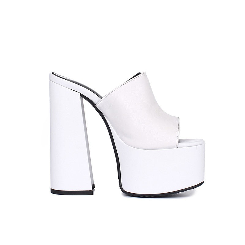 Genuine Leather Women's Platform Sandals / Thick High Heel Party Shoes In Black And White Colors - HARD'N'HEAVY