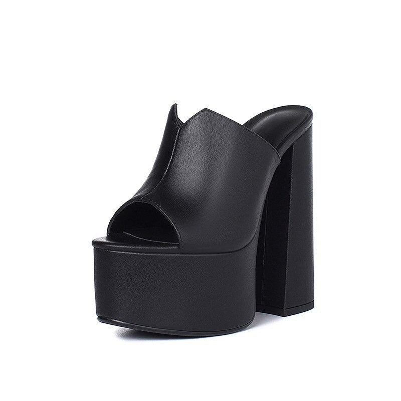 Genuine Leather Women's Platform Sandals / Thick High Heel Party Shoes In Black And White Colors - HARD'N'HEAVY
