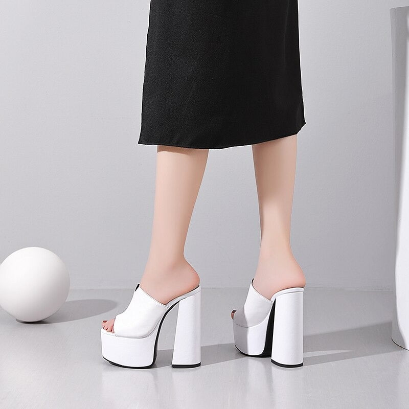 Genuine Leather Women's Platform Sandals / Thick High Heel Party Shoes In Black And White Colors - HARD'N'HEAVY