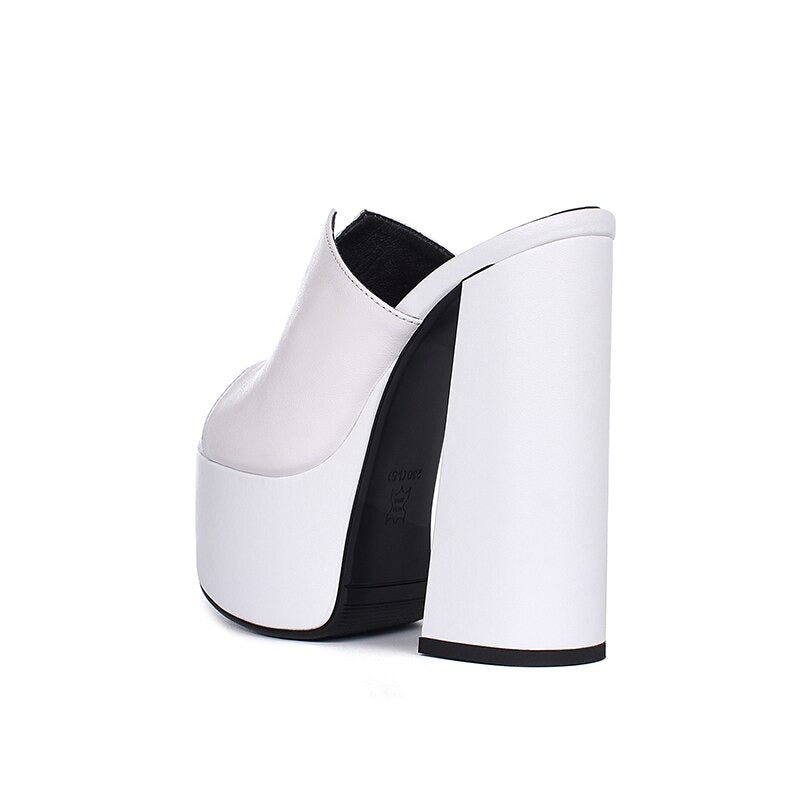 Genuine Leather Women's Platform Sandals / Thick High Heel Party Shoes In Black And White Colors - HARD'N'HEAVY