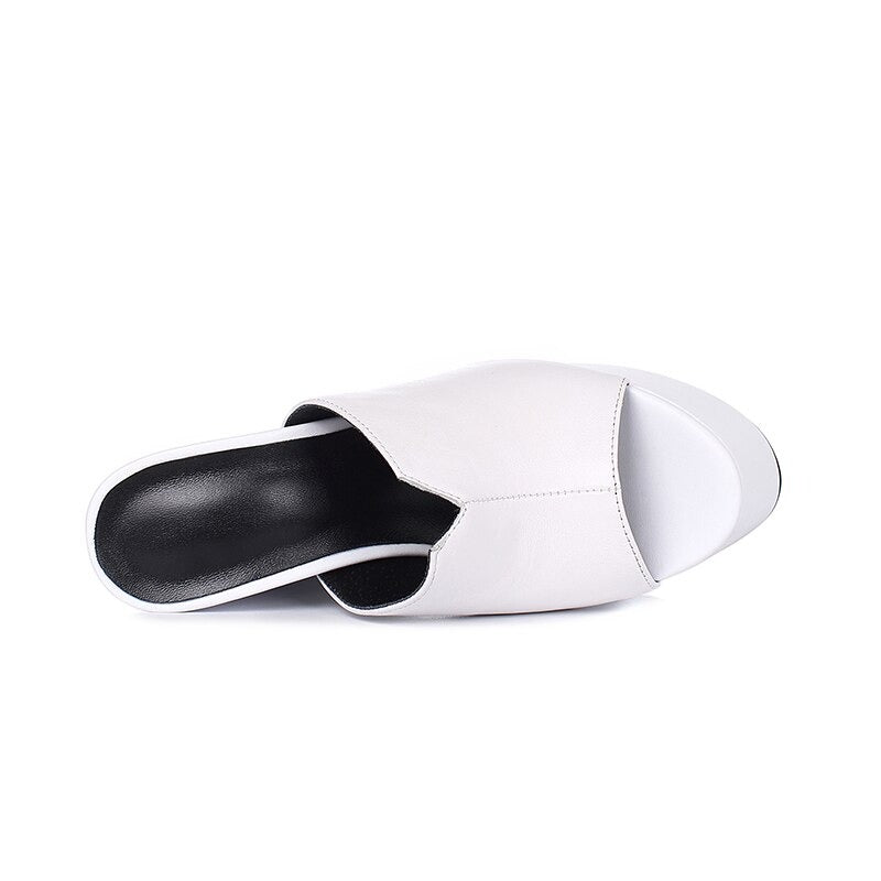 Genuine Leather Women's Platform Sandals / Thick High Heel Party Shoes In Black And White Colors - HARD'N'HEAVY