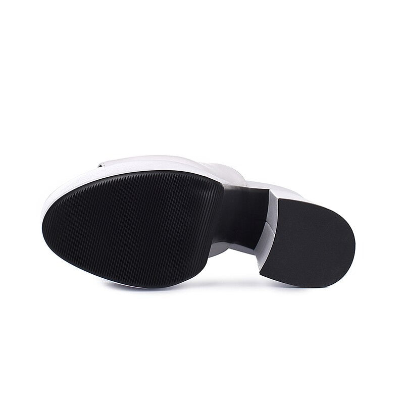 Genuine Leather Women's Platform Sandals / Thick High Heel Party Shoes In Black And White Colors - HARD'N'HEAVY