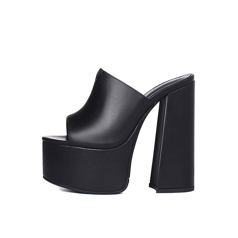 Genuine Leather Women's Platform Sandals / Thick High Heel Party Shoes In Black And White Colors - HARD'N'HEAVY
