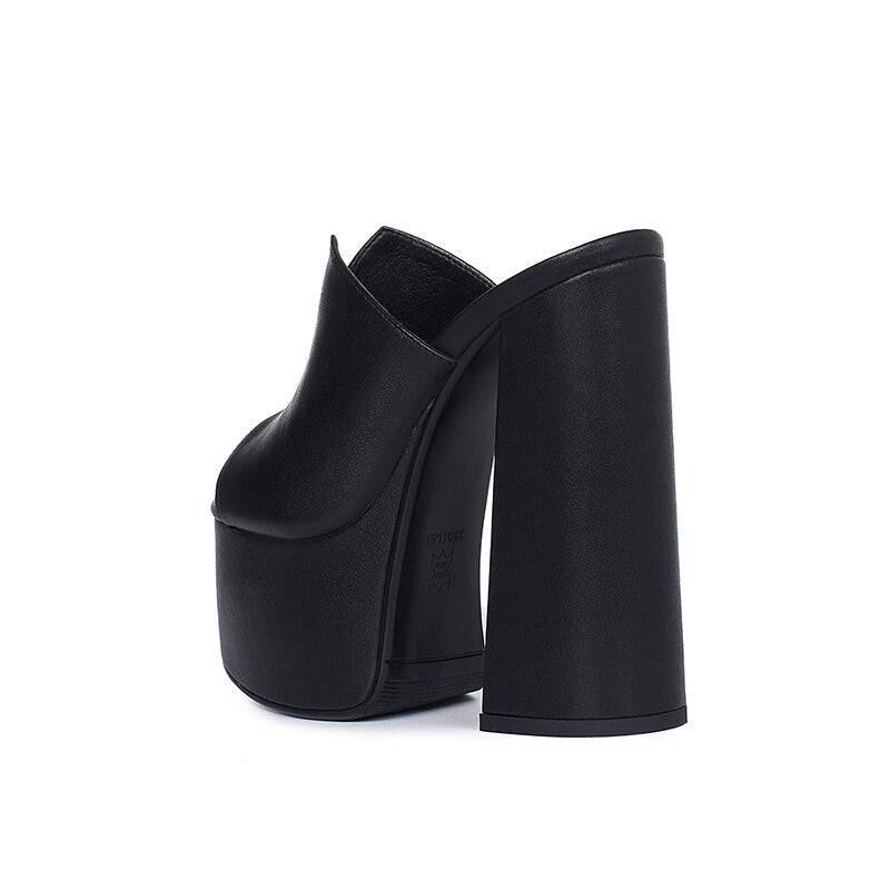 Genuine Leather Women's Platform Sandals / Thick High Heel Party Shoes In Black And White Colors - HARD'N'HEAVY