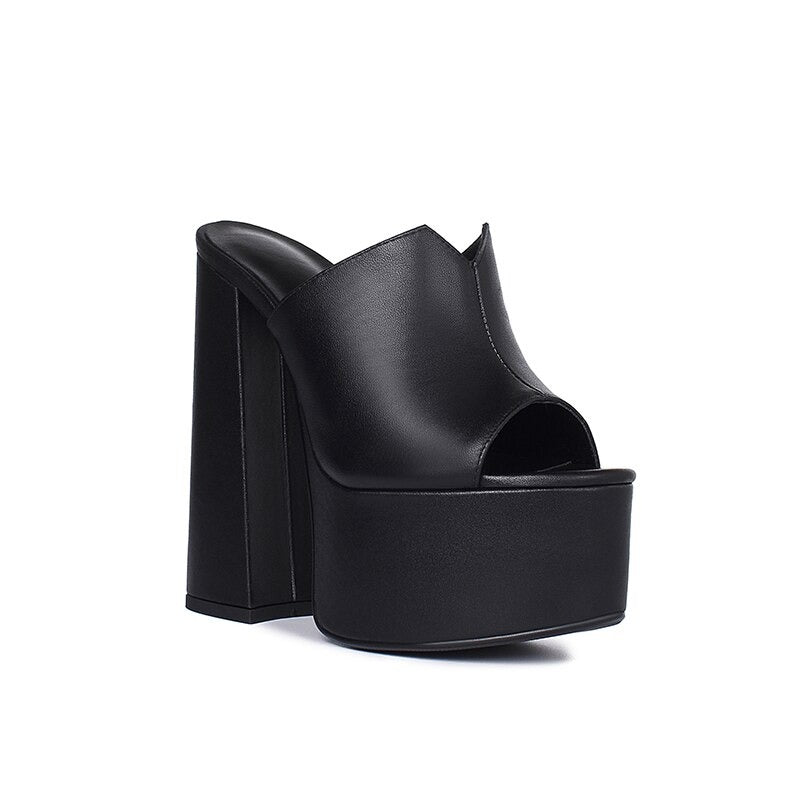 Genuine Leather Women's Platform Sandals / Thick High Heel Party Shoes In Black And White Colors - HARD'N'HEAVY