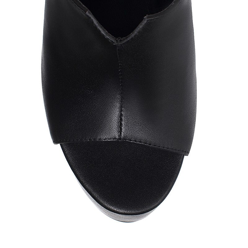 Genuine Leather Women's Platform Sandals / Thick High Heel Party Shoes In Black And White Colors - HARD'N'HEAVY