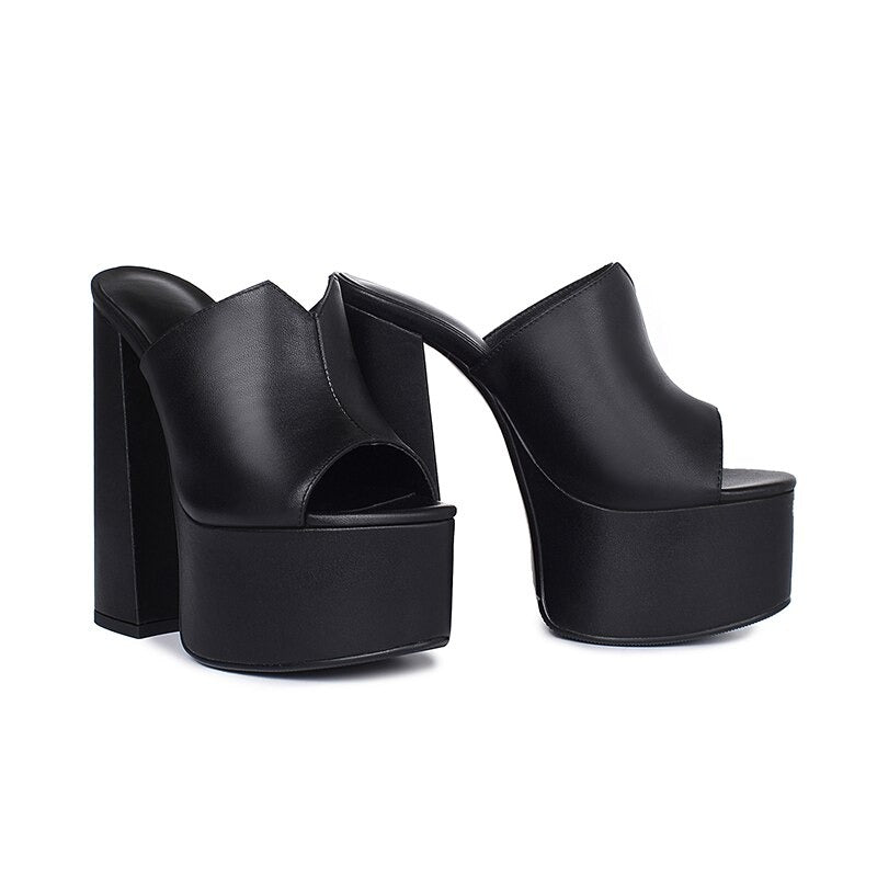 Genuine Leather Women's Platform Sandals / Thick High Heel Party Shoes In Black And White Colors - HARD'N'HEAVY