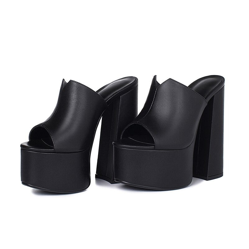Genuine Leather Women's Platform Sandals / Thick High Heel Party Shoes In Black And White Colors - HARD'N'HEAVY