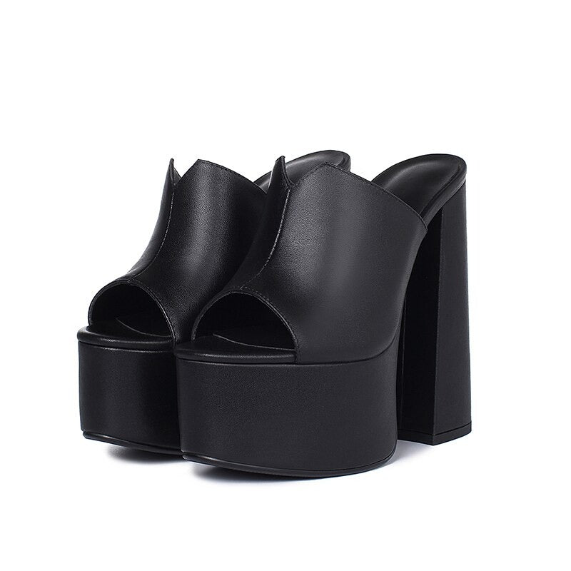 Genuine Leather Women's Platform Sandals / Thick High Heel Party Shoes In Black And White Colors - HARD'N'HEAVY